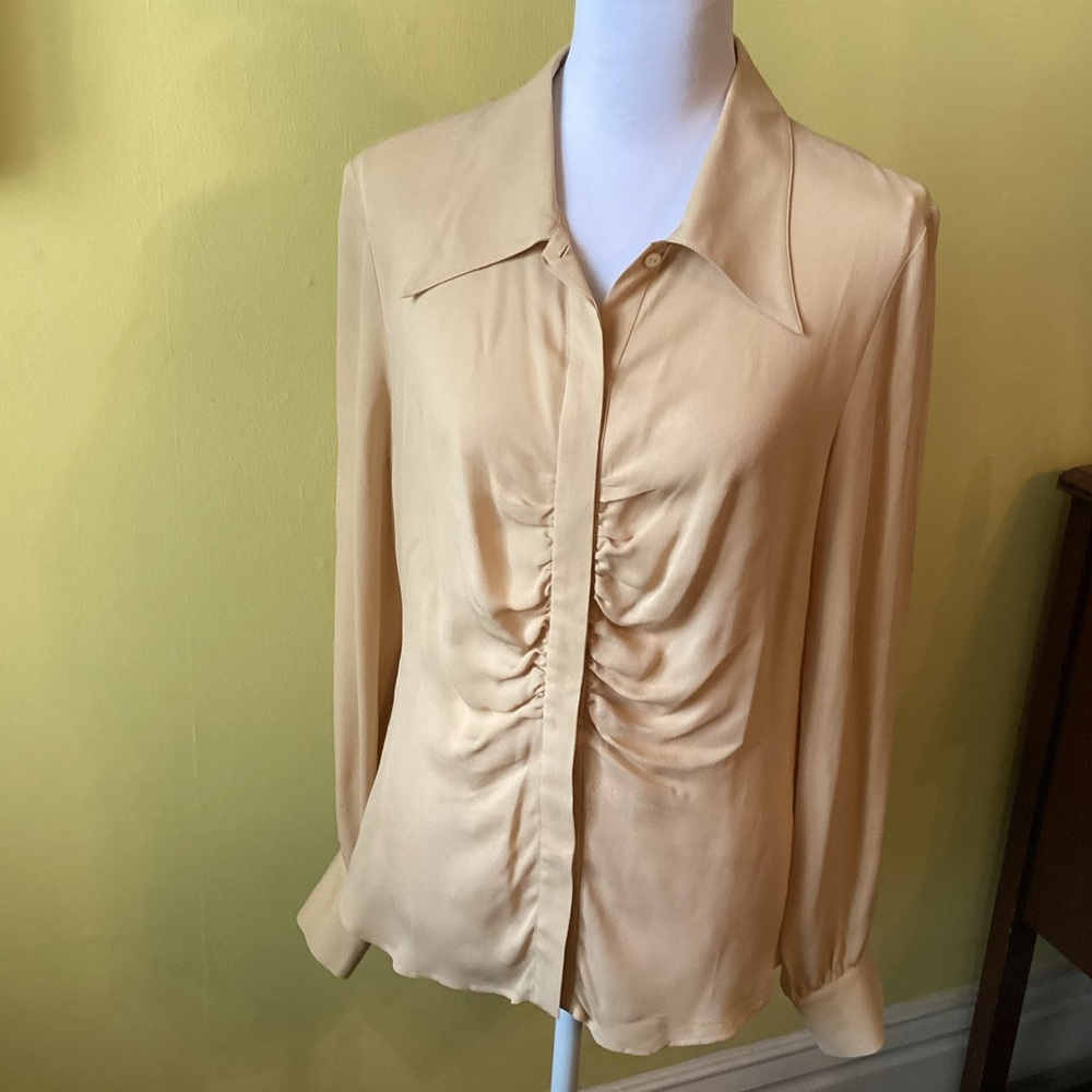 Tracy M Pretty Tan Silk Gathered Long Sleeve Blouse Size L